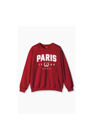 Kırmızı Sweat Paris France Fransa Şehir Yazı Baskılı Şardonlu Yumuşak Sweatshirt Kırmızı