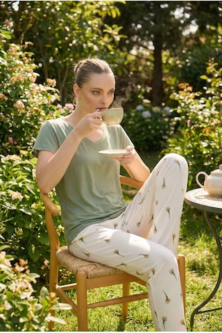 Seamlife Kadın Desenli Düğmesiz Bisiklet Yaka Kısa Kol Pijama Takımı-slim Fit Yazlık Homewear Yeşil