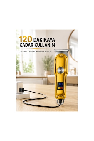 Şarjlı Profesyonel Saç Sakal Tıraş Makinesi T Bıçaklı Turbo Modlu Led Ekranlı 3