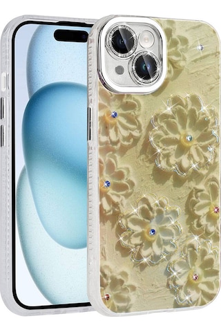 Goocamp Apple Uyumlu iPhone 14 Kılıf Çiçek Desenli Parlak Taşlı Sert Silikon Garden Kapak - Beyaz Beyaz