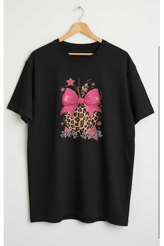 Leopar Elma Baskılı Kurdele Detaylı Oversize T-shirt Siyah