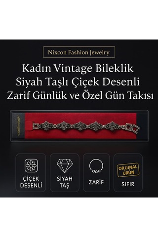 Kadın Vintage Bileklik Siyah Taşlı Çiçek Desenli Zarif Günlük Ve Özel Gün Takısı Siyah - Gümüş