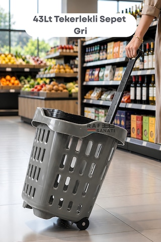43 Lt Tekerlekli Market Sepeti Plastik Alışveriş Sepeti Ergonomik Çift Saplı Gri