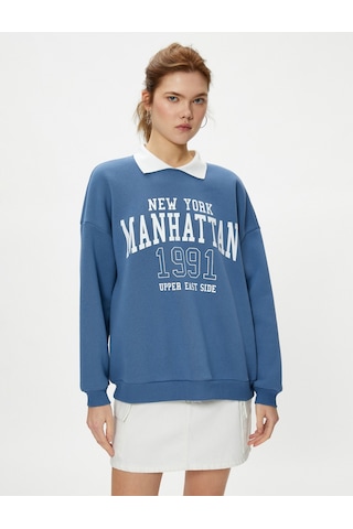 Koton Oversize Polo Yaka Sweatshirt Kolej Temalı Baskılı Uzun Kollu Mavi 4sal10278ık Mavi