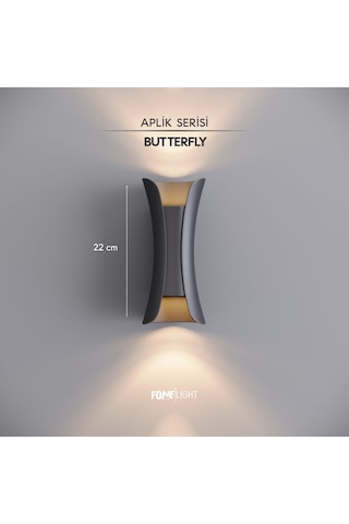 FoneLight Butterfly 22 cm Antrasit Alüminyum LED Duvar Apliği IP65 Dış Mekan Bahçe Balkon Teras Villa Cephe Aydınlatması 3000K