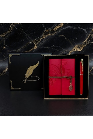 Özel Üretim Yazı Seti Kutulu Set Defter Kalem Kırmızı Renk Çok Renkli