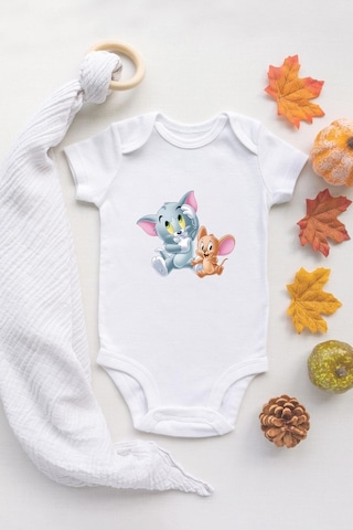 Tuğba Baby Tom Ve Jerry Organik Baskılı Bebek Body %100 Pamuklu Ekru Çıtçıtlı Badi Zıbın Beyaz