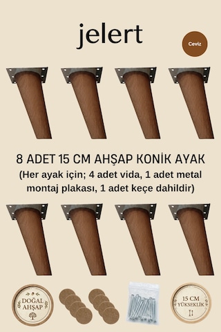 Konik Masif Gürgen Mobilya Ayağı 15 Cm Metal Montaj Aparatlı, Robot Süpürge Uyumlu Koltuk Kanepe Tv Ünitesi Baza Yükseltme Ayağı Ceviz 8'li Ceviz
