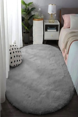 Raschel Carpet Oval Kesme Yolluk Kaymaz Taban Kalın Yumuşak Peluş Halı Özel Taban Açık Gri
