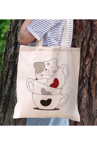 Bk Gift Kedi Tasarımlı Kanvas Bez Çanta, Baskılı Omuz Çantası, Alışveriş Çantası, Plaj Çantası, Arkadaşa Hediye-10 Sarı