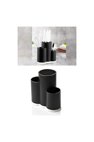 Flosoft Tezgah Üstü Bıçaklık, 3 Bölmeli Kaşık Bıçak Çatal Standı Çok Amaçlı Mutfak Düzenleyici Siyah