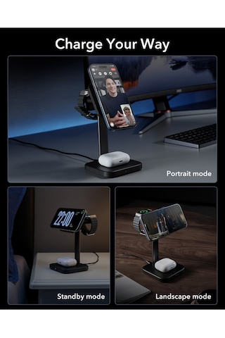 Halolock 3 İn 1 iPhone + Apple AirPods Uyumlu Watch Magsafe Şarj Standı Siyah Mfm Lisans