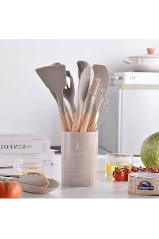 Fastbuy Silikon Mutfak Aksesuarı 12'li Set - Yapışmaz Pişirme Aleti - Haki Renk Haki