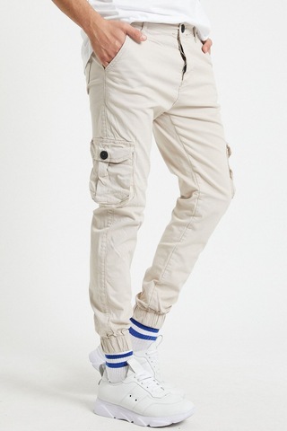 Slim Fit Körüklü Cep Paça Lastikli Esnek Kumaş Erkek Kargo Pantolon Bej