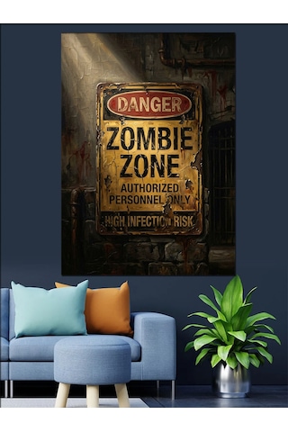 Retro Zombie Zone Uyarı Levhası Dekoratif Kanvas - Mdf Ahşap Tablo