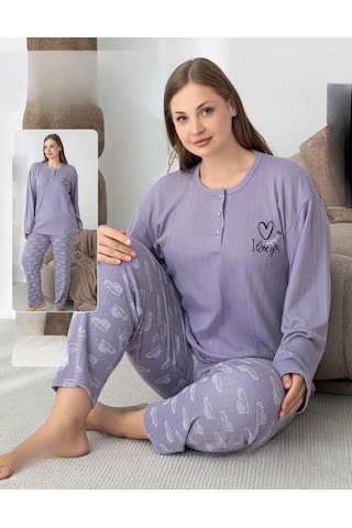 Lindros Kadın Pamuk'lu Düğme Yaka Raporlu İnterlok Kışlık Battal Pijama Takımı 05150 - 1 Adet Lila