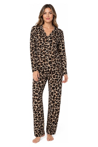 Sleeproom Kadın Mevsimlik Süet Uzun Kol Açık Leopar Desen Pijama Takımı Kahverengi - Beyaz