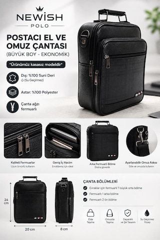 Newish Polo Postacı El Ve Omuz Çantası Kareli Suni Kasasız Büyük Siyah