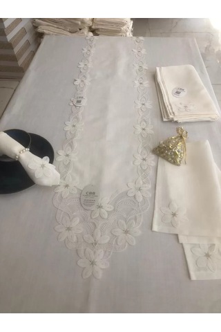 Bezos Sofra Takımı Evita Gardenya Keten Yemek Takımı 160x260 Masa Seti 26 Parça Runner Set Krem Bezos1