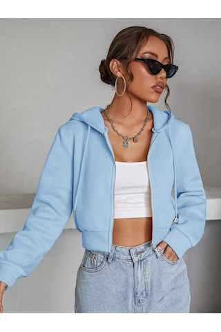 Kadın Kapüşonlu Fermuarlı Crop Hırka Sweatshirt -üç İplik Şardonlu