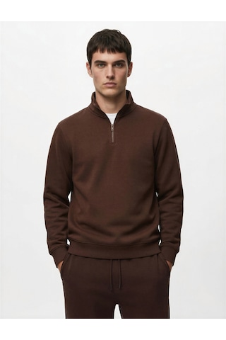 Koton Pamuklu Uzun Kollu Yarım Fermuarlı Dik Yaka Sweatshirt Kahverengi 6wam70219mk Kahve