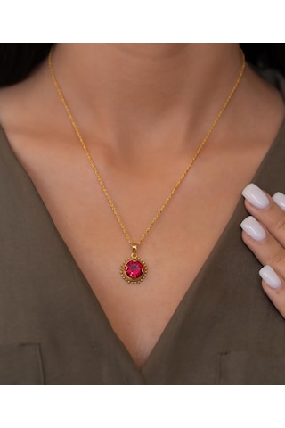 Bayar Gold 14 Ayar Altın Kırmızı Güneş Taşlı Kolye Sarı Altın