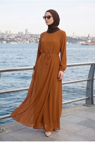 Armine Trend Kolları Lastikli Astarlı Elbise A.kahve 25yt927 Açık Kahverengi