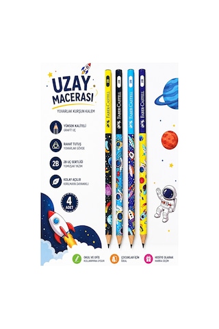 Uzay Macerası Kurşun Kalem 4 Adet Faber Castell Yuvarlak Gövdeli Siyah Kurşun Kalem Yumuşak Yazım Kolay Tutuş Kaliteli Okul Çok Renkli