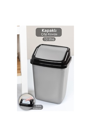 Kapaklı Plastik Çöp Kovası - Ev Ofis Banyo Mutfak Çöp Kovası Gri 10 Litre Gri
