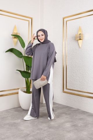 Hira Life Fashion Kadın Efsa Gri Bisiklet Yaka Yanı Şeritli Ve Pantolon Cepli Alt-üst İkili Takım Gri Gri