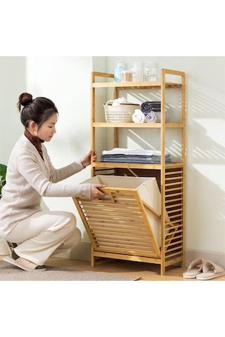 3 Organizer Raflı Ahşap Bambu Çek-aç Kirli Sepeti Diğer