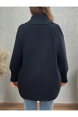Siyah Kadın Asimetrik Kesim 3 İplik Şardonlu Sweat Ceket Fermuarlı Yaka, Cepli, Oversize Siyah