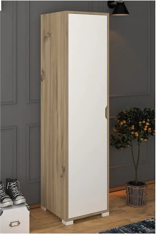 Nisan 40 Cm Açık Ceviz-beyaz 5 Raflı Kiler Tek Kapılı Banyo Ve Elbise Dolabı - Gardırop Açık Ceviz & Beyaz