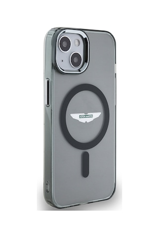 Apple Uyumlu iPhone 14 Kılıf Aston Martin Lisanslı Magsafe Iml Baskı Logolu Metal Düğmeli Kapak Siyah