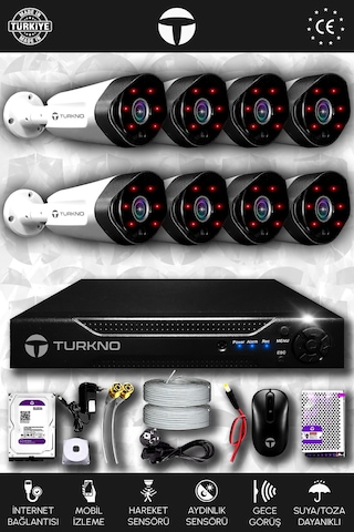 Turkno 8 Kameralı Galia 8 Dış Kamera Set 500 GB HDD Full HD Gece Görüşlü Güvenlik Kamerası Sistemi