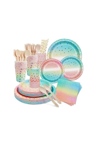 168 Parçalı Pembe Parti Malzemeleri, 24 Kişilik Tek Kullanımlık Tabaklar, Kağıt Tabaklar, Bardaklar, Peçeteler, Pipetler, Tahta Çatal Kaşıklar İçerir