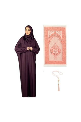 Namaz Elbisesi Eşarp Seccade Tesbih Set, İslami Giyim Takım Ferace Turban Şal Vişne