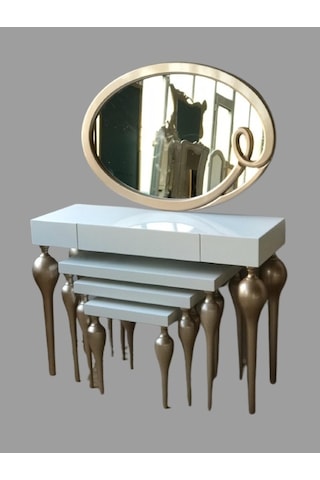 Dresuar-ZİGON TOMBUL İmza Oval ayna Model Ahşap Kayın torna MDF Tabla Parlak GOLD-Beyaz Boya UYUMU Ahşap