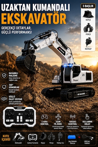3in1 Excavator Kırıcı Delici Taşıyıcı Rc Uzaktan Kumandalı Işıklı Sesli Metal Alaşım Ekskavatör İş Makinesi Beyaz