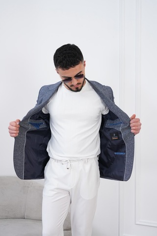 Dupont Classics Dupont Keten Slim Fit 6 Drop Sivri Yaka Çift Yırtmaçlı Erkek Blazer Ceket Koyu Lacivert