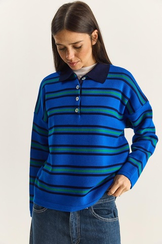 Shade Polo Yaka Çizgili Basic Triko Kazak 20258061 - Saks