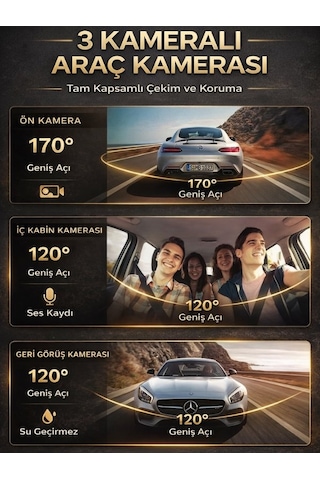 Snr-38 Wi-fi 3 Kameralı Araç İçi Güvenlik Kamerası Ir Gece Görüşü G-sensör Ön-arka-iç Kayıt Dashcam