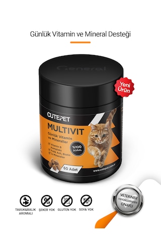 Cutepet Multivit Kedi Vitamin Ve Mineral Tableti 60 Adet Günlük Bağışıklık Ve Enerji Takviyesi