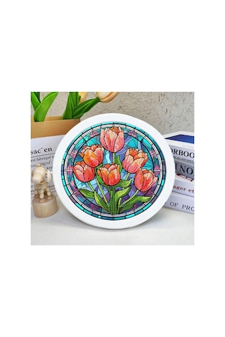 5d Elmas Taş İşleme Kiti 20x20 Cm Yuvarlak Çerçeveli Laleler Desen Diamond Painting