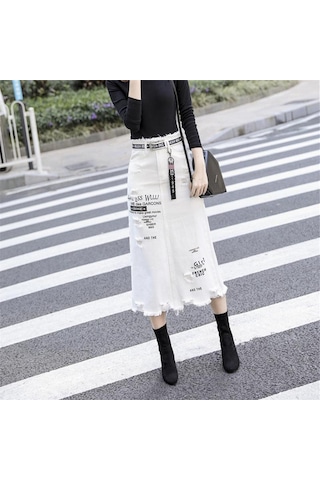 Kadın Ön Delik Kot Etek Yaz Uzun Etekler Yüksek Bel Kot Etek Artı Boyutu Beyaz
