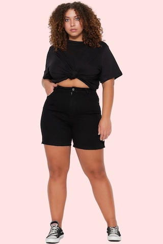 Ersefa Kadın Esnek Skinny Denim Şort Düz Desen Yüksek Bel Rahat Günlük Y siyah