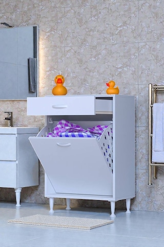 Eliusta Asil 60 Cm Kirli Çamaşır Sepetli Banyo Dolabı 1 Çekmeceli Mutfak Çok Amaçlı Dolap 60x88x32,5 Cm Beyaz