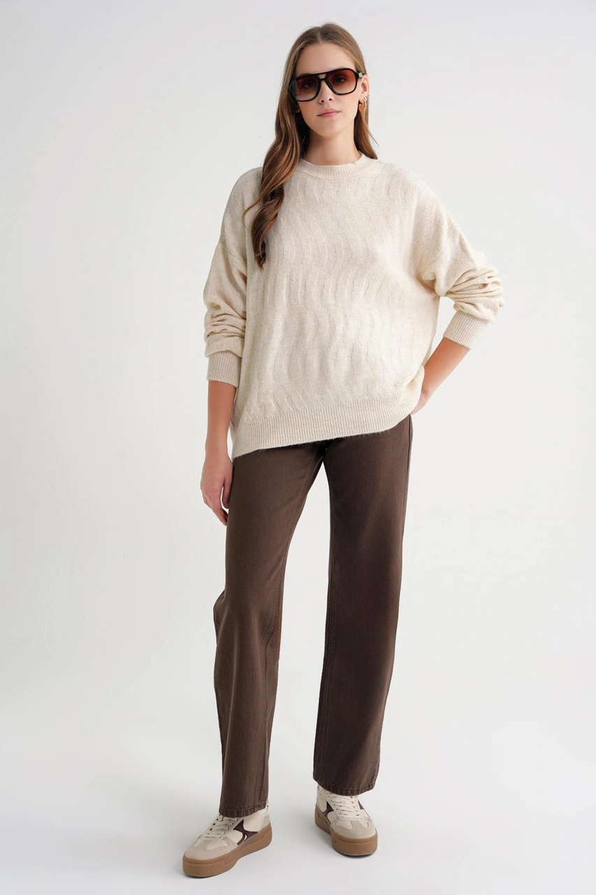 Mixray 6947 Kadın Kendinden Desenli Oversize Triko Kazak Naturel