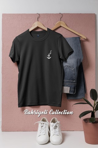 Oversize Kuşlar Ve Çıpa - Çapa Cep Tasarımlı Unisex T-shirt Siyah