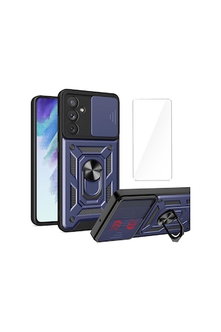 Teleplus Samsung Galaxy Uyumlu A27 Kılıf Standlı Kamera Korumalı Slide Sürgülü Cover Kapak + Nano Ekran Koruycu Lacivert